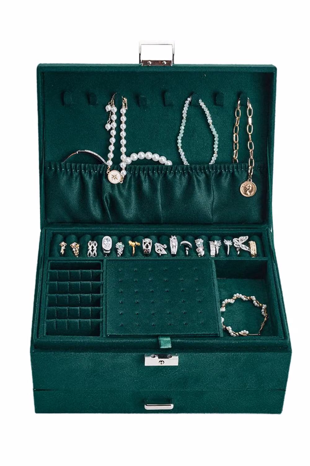 ExtraStar 3-Tier Velvet Jewellery Box with Lock in Green, W: 24.0 cm, D: 11.0 cm, H: 1.0 cm – 2