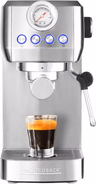 Gastroback Design Espresso Piccolo Pro Thermoblock Espresso Machine with Steam Wand and ESE Pod Compatibility in Silver