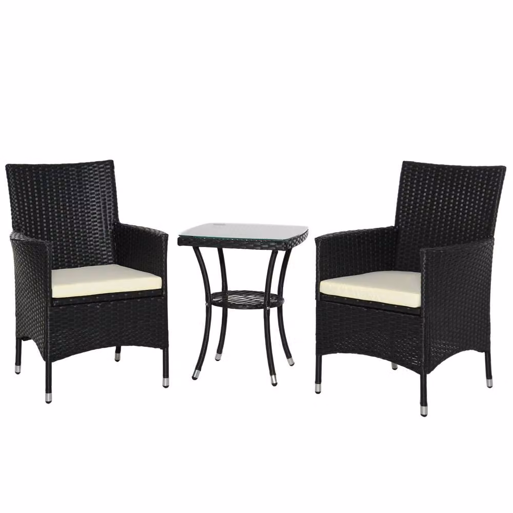 STILVORA 3 Piece Bistro Set with Cushions in Black Rattan and Metal – 5