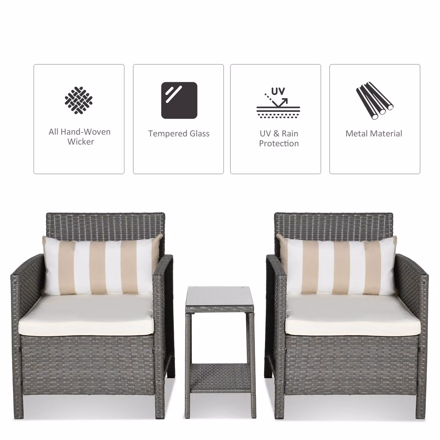 OUTSUNNY 3 Piece Outdoor Rattan Sofa Set with Chairs and Coffee Table in Light Grey – 3