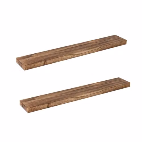 Levede Set of 2 Floating Wall Shelves in Natural Brown Rustic Solid Paulownia Wood with Steel Brackets, W: 91 cm