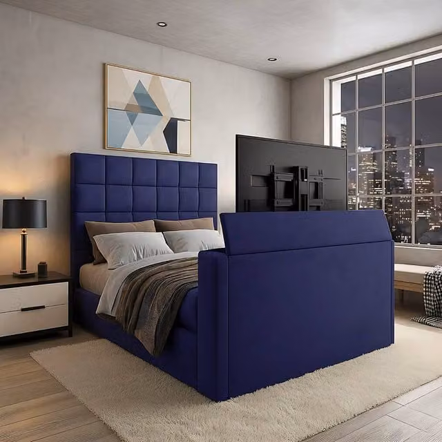 Paradise Beds Ltd Royal Upholstered Dream Sleep TV Bed with Ottoman Lift Storage in Blue Velvet, W/D: 200 x 200 cm