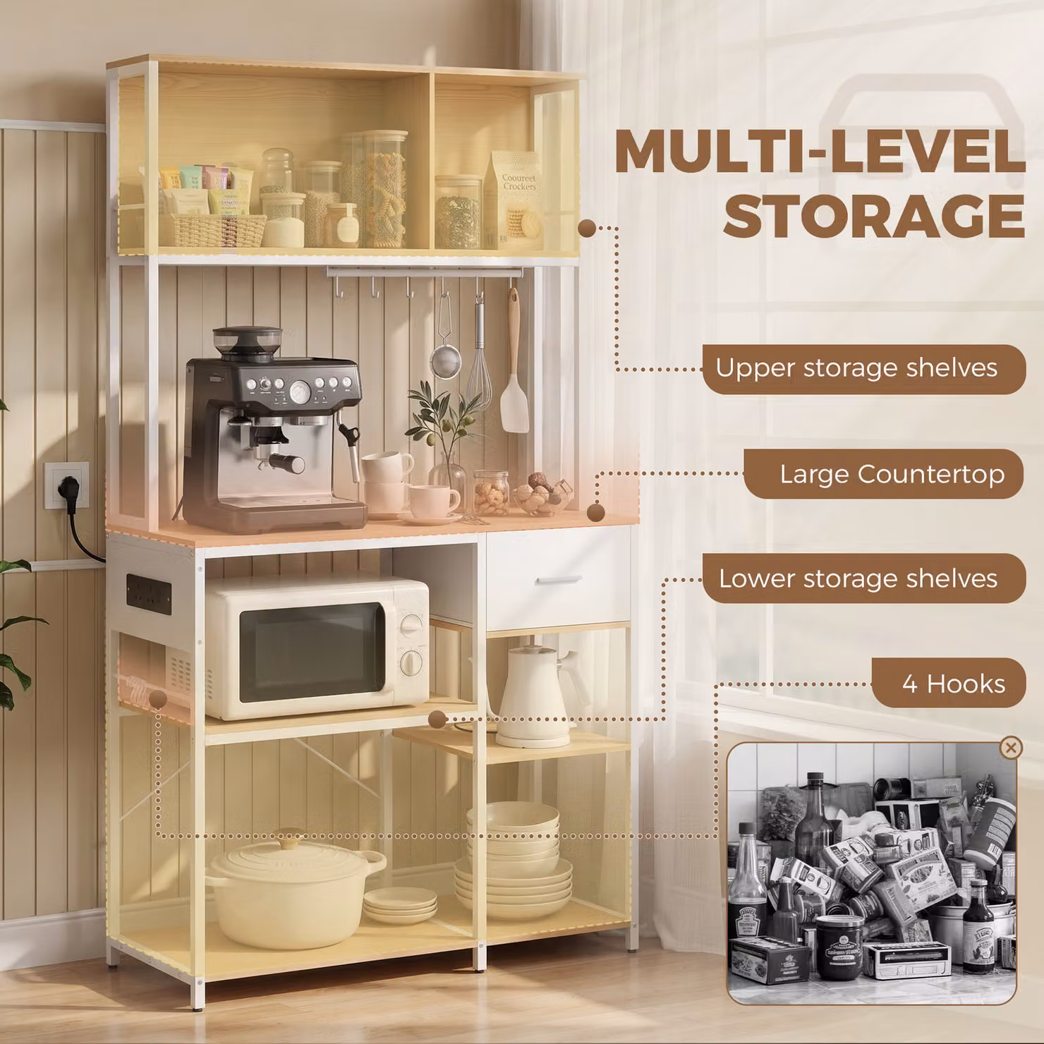 HOMCOM Kitchen Storage Rack with Power Outlet, USB and Type-C Ports, Drawer, Shelves and 4 Hooks, Oak and White – 4