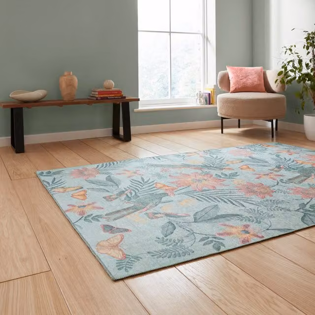 Catherine Lansfield Amaya Tropical Birds Washable Green Floral Flat Weave Rug