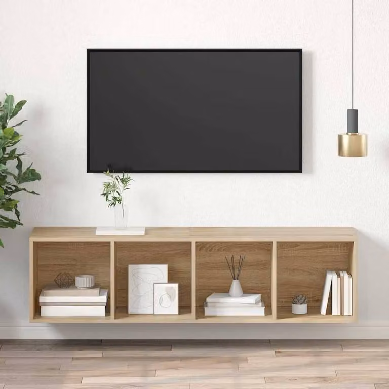 Berkfield Home Wall-mounted TV Cabinet in Sonoma Oak, Beige, W/D/H: 37 x 37 x 142.5 cm