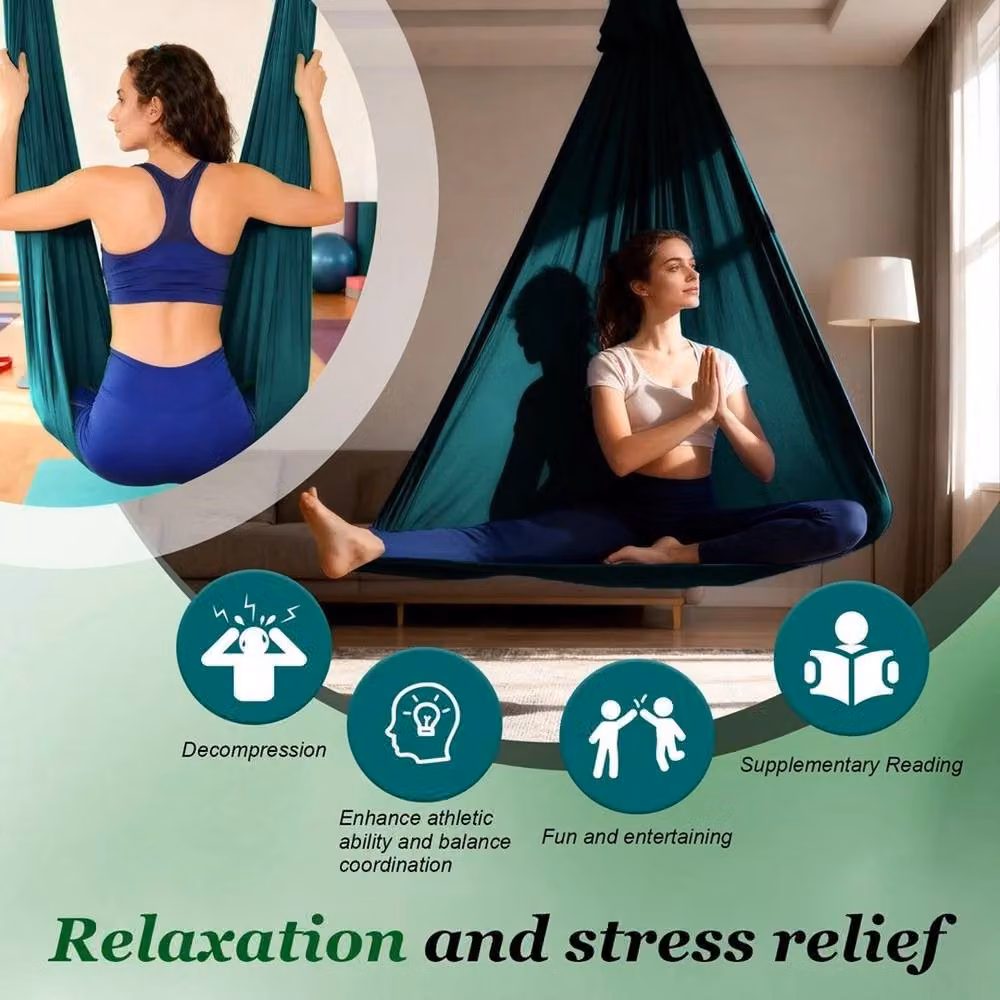 NESTLUNE Aerial Yoga Hammock Set with Fittings in Dark Green, W: 100 cm, D: 15 cm – 3