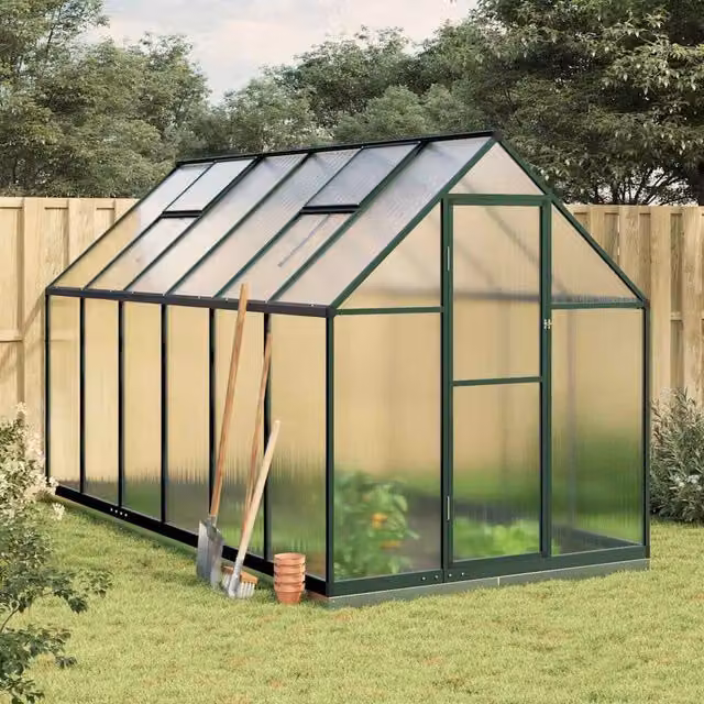 Berkfield Home Greenhouse with Base Frame in Green, Aluminium and Polycarbonate, W/D/H: 334 x 169 x 202 cm