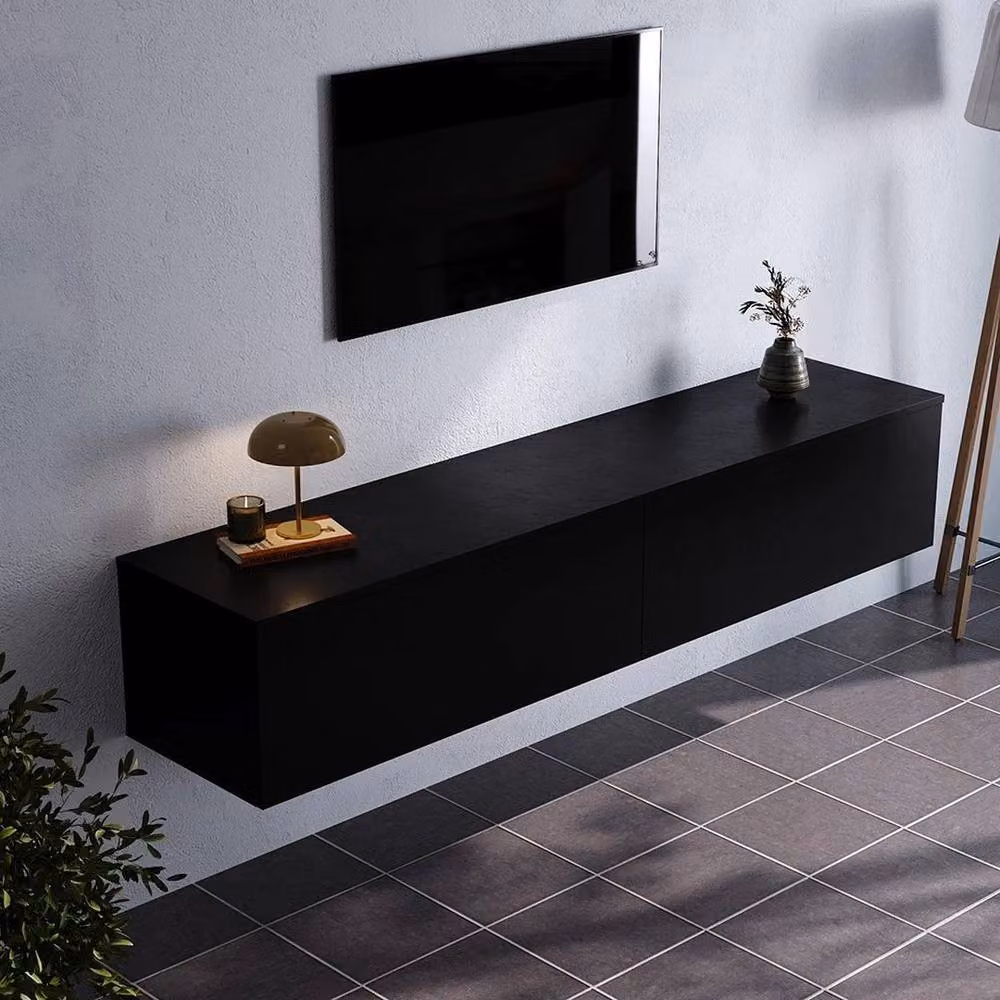 KORVIXA Matte Black Minimalist Wall Mounted 2 Door Floating TV Stand W/D/H: 160 x 100 x 100 cm – 3