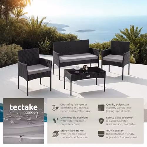tectake 4-Seater Rattan Garden Furniture Set in Black and Grey with Upholstered Cushions, 2-Seater Sofa, Lounge Armchairs and Coffee Table with Powder Coated Steel Frame – 2