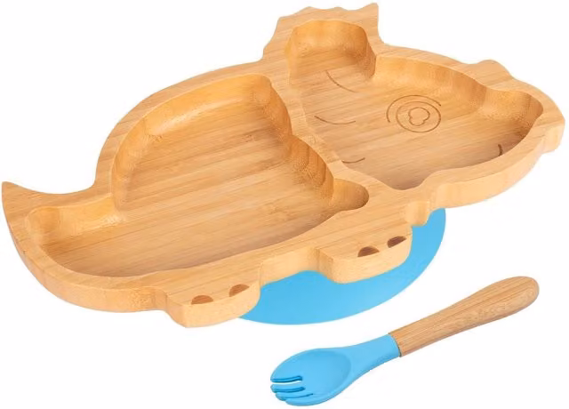 Tiny Dining Dinosaur Bamboo Divided Weaning Plate and Fork Set in Blue – 1