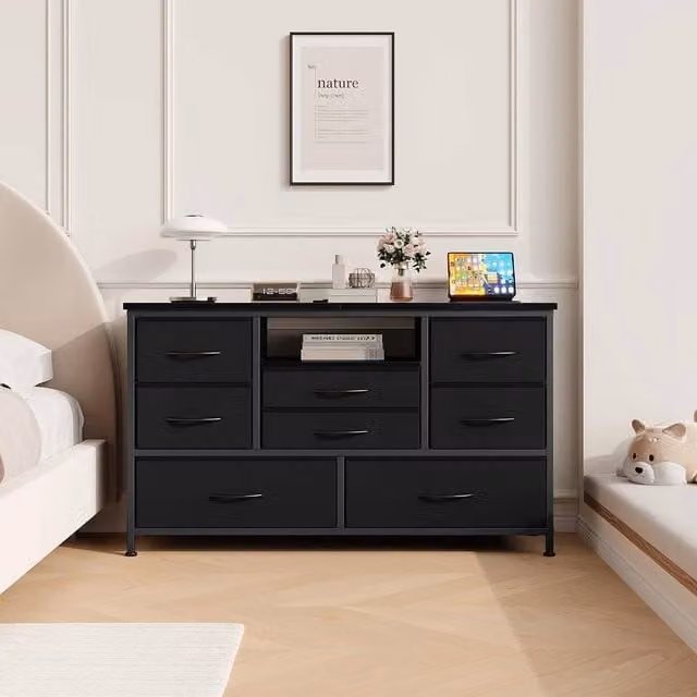 London Boutique 8-Drawer Dresser and TV Stand with LED Lights and Power Outlets, Black, W: 120.42 cm, H: 75.4 cm, D: 120.43 cm – 1