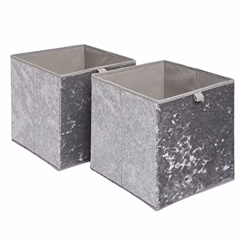 OHS Pack of 2 Crushed Velvet Foldable Storage Boxes with Handles, Grey, W/D/H: 27.0 x 27.0 x 27.0 cm – 1