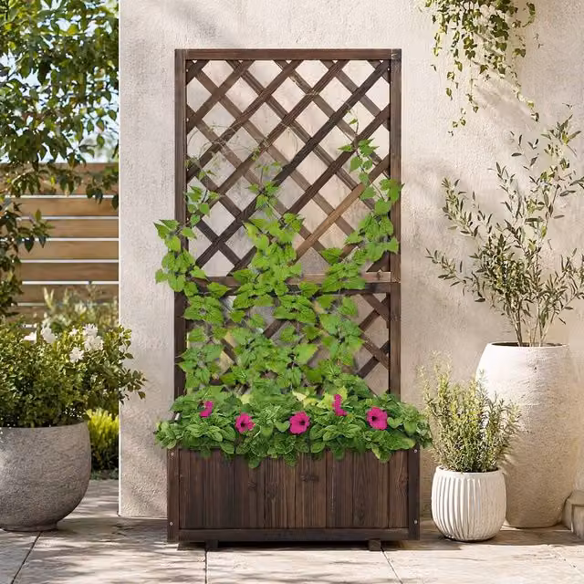 STILVORA Wood Planter with Trellis in Carbon Black, W/D/H: 72.5 x 31.5 x 149.5 cm