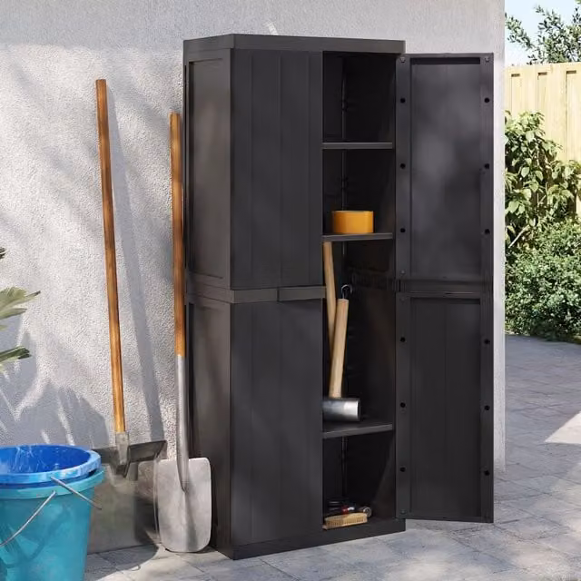 Berkfield Home Black Plastic Outdoor Storage Cabinet with Hinged Doors and Internal Shelves, W/D/H: 65 x 37 x 165 cm