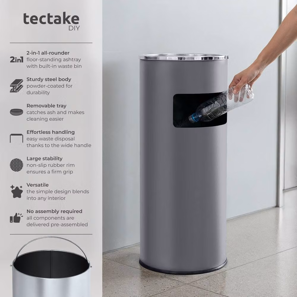 tectake Freestanding Metal Floor-Standing Ashtray in Grey with Removable Inner Bucket, H: 61.0 cm, W: 25.0 cm, D: 2.0 cm – 2