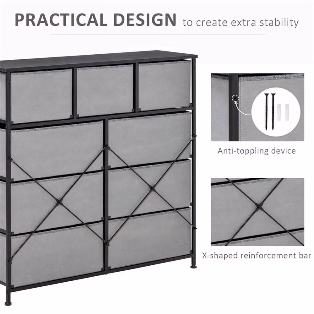 Nordara 9 Drawer Storage Chest Dresser with Foldable Fabric Bins in Grey – 5