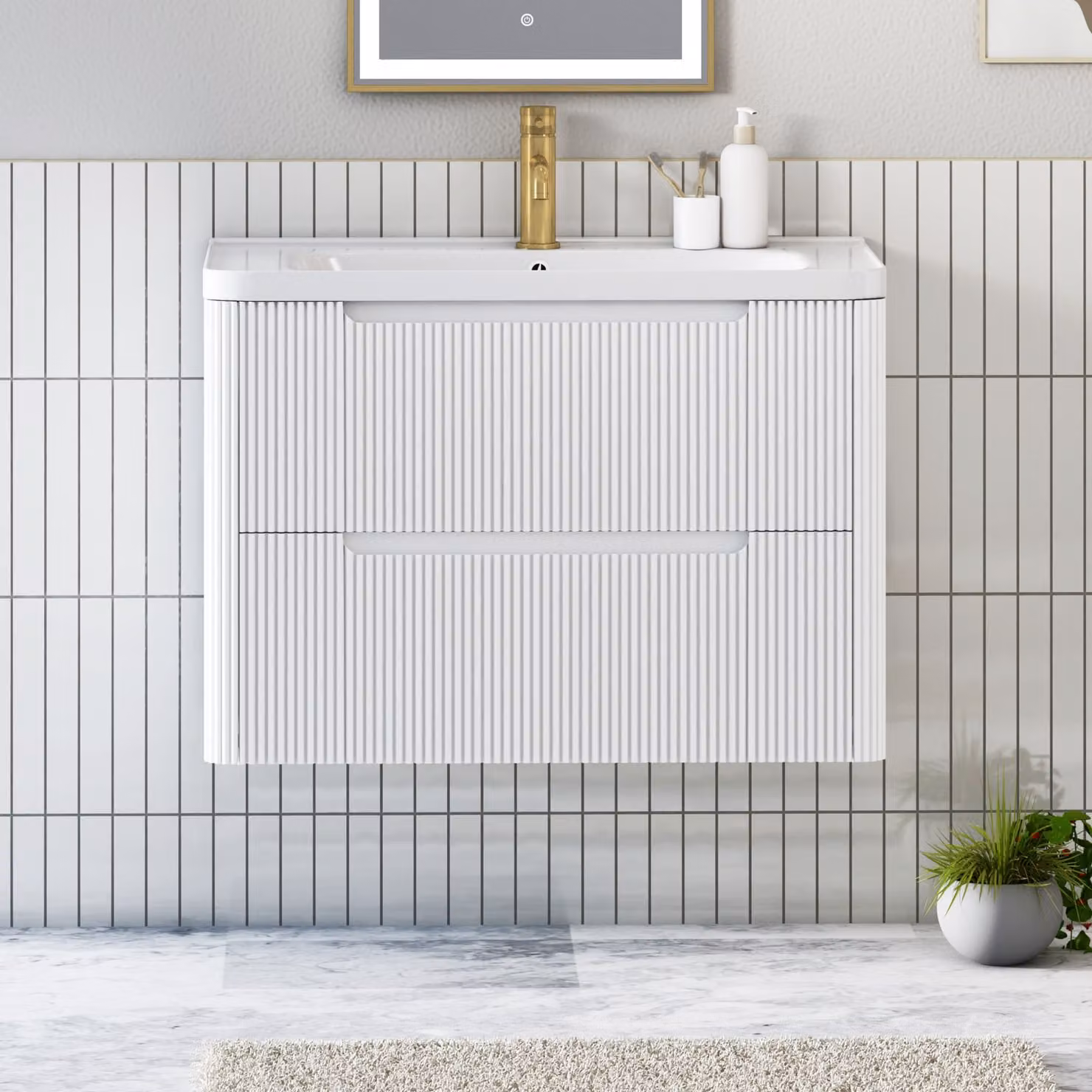 Royal Bathrooms Avenza Matt White Wall Hung Vanity Unit with 2 Drawers and Ceramic Basin, Width: 80 cm