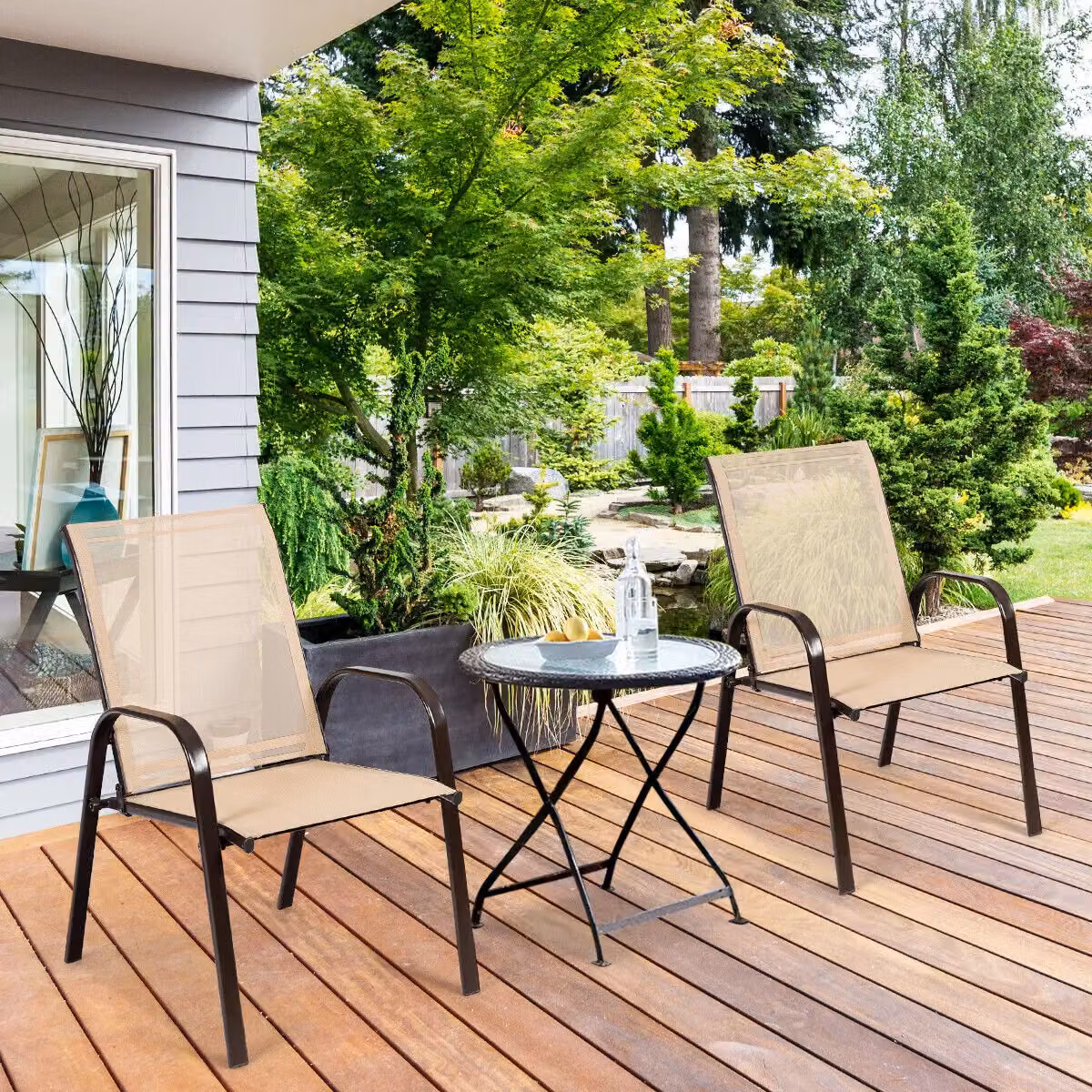 Costway Set of 2 Brown High Back Portable Patio Chairs with Armrests for Garden and Camping – 3