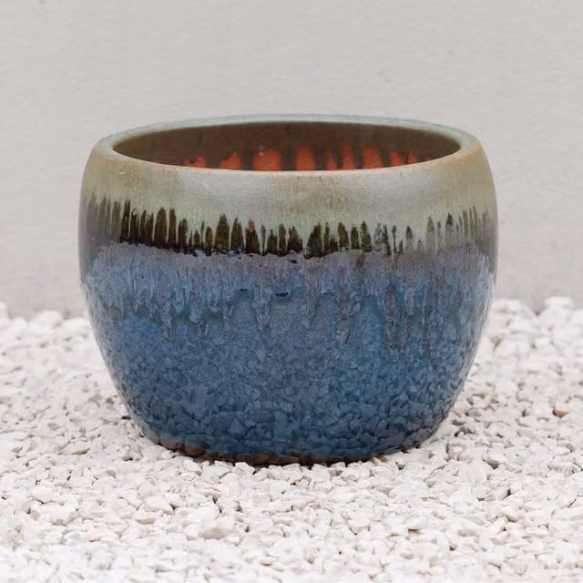 Primrose Glazed Clay Outdoor Planter Pot in Blue, Gold and Green