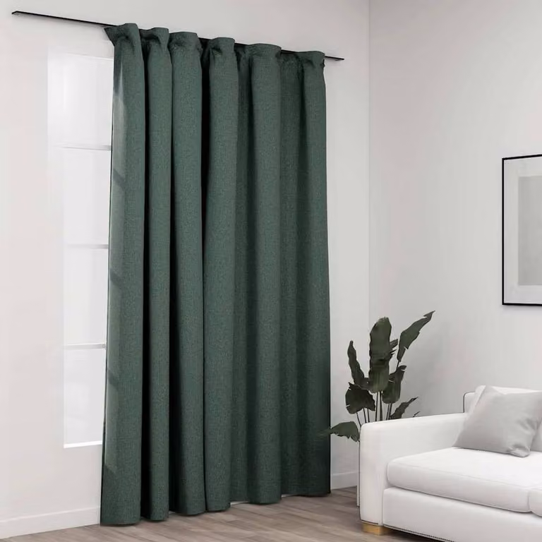 Berkfield Green Linen-Look Blackout Curtain with Hooks, W: 290 cm, H: 245 cm