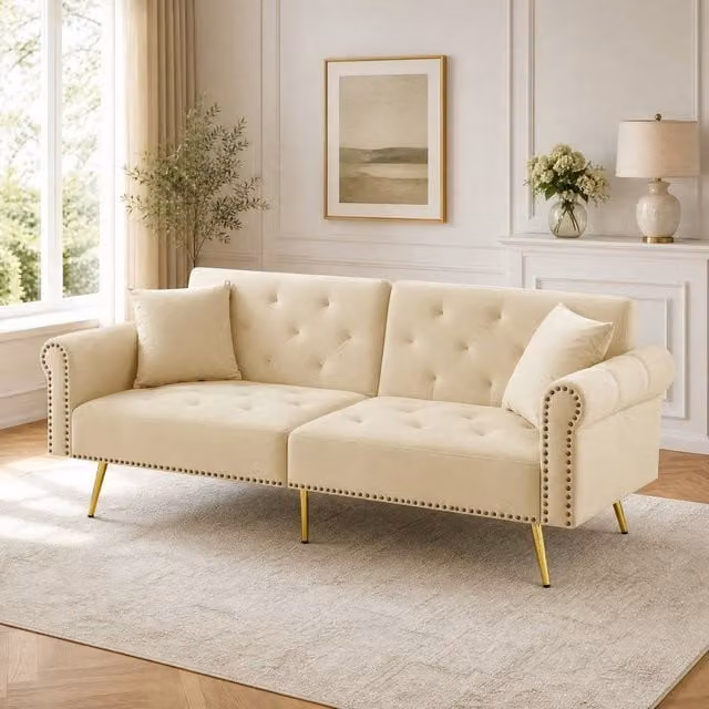 STILVORA 2-Seater Click-Clack Sofa Bed in Beige Velvet Fabric with Adjustable Backrest