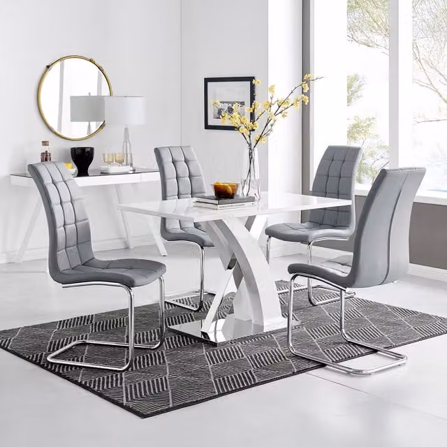 FurnitureboxUK Atlanta White Gloss and Chrome Rectangle Dining Table and 4 Murano Grey Dining Chairs