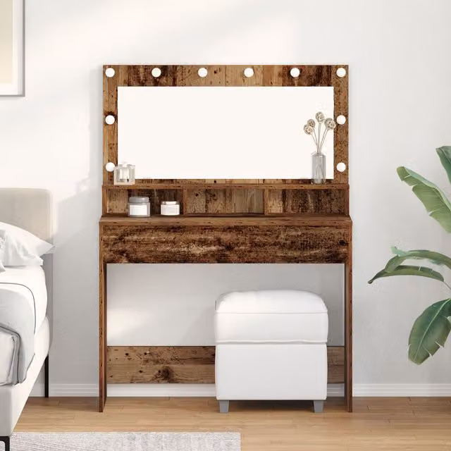 Berkfield Home Vintage Wood Dressing Table with Hollywood LED Lights in Brown, W/D/H: 100 x 41 x 135 cm – 1
