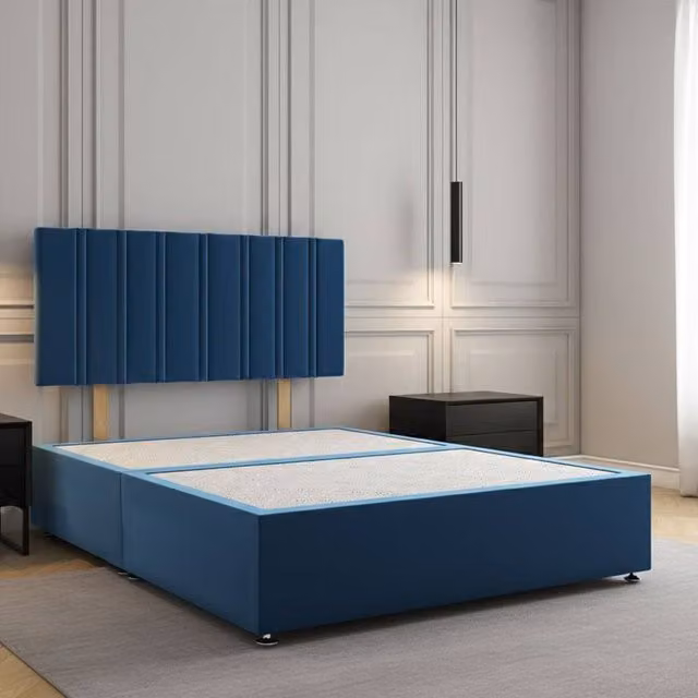 Regional Furnishings Luxury Plush Velvet Small Double Divan Bed with 24 inch Headboard in Blue, W/D/H: 120 x 200 cm