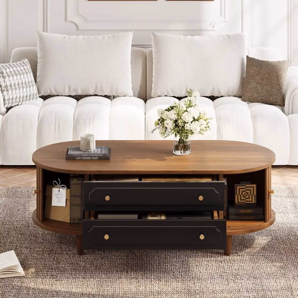 KORVIXA Walnut and Black Oval Coffee Table with Sliding Doors and 2 Drawers in Brown – 3