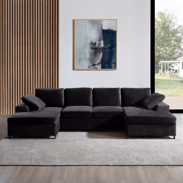 Daniel U-Shaped Sofa in Black Velvet with Scatter Cushions