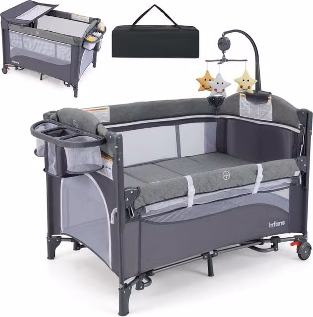 Gymax 6-in-1 Baby Travel Cot and Folding Playpen with Changing Table and Carry Bag in Dark Navy