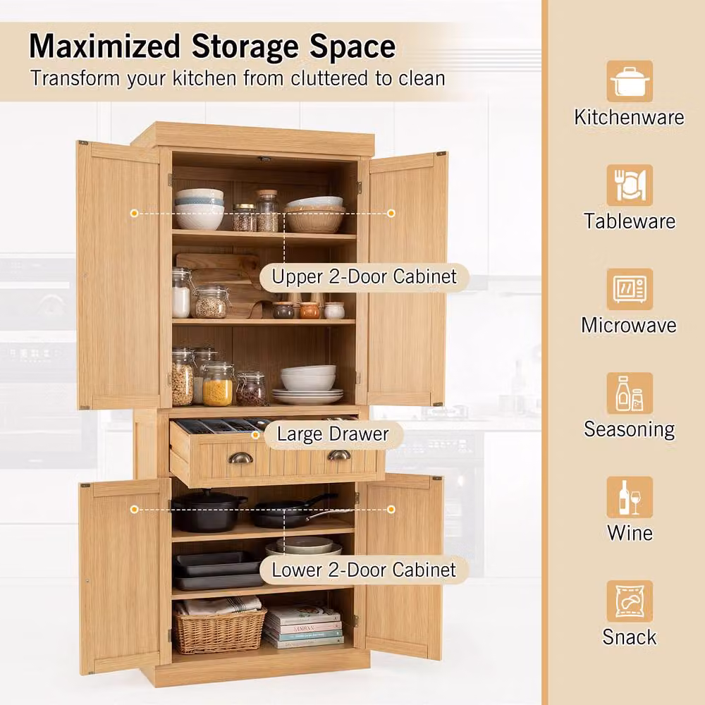 Costway Tall Wooden Kitchen Cupboard and Buffet Pantry Storage Cabinet with Drawers in Beige, Sand or Brown – 5