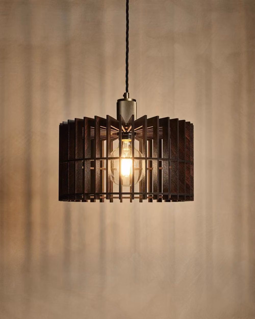 Industville Rift Slatted Wooden Drum Pendant Light in Gold and Black – 2