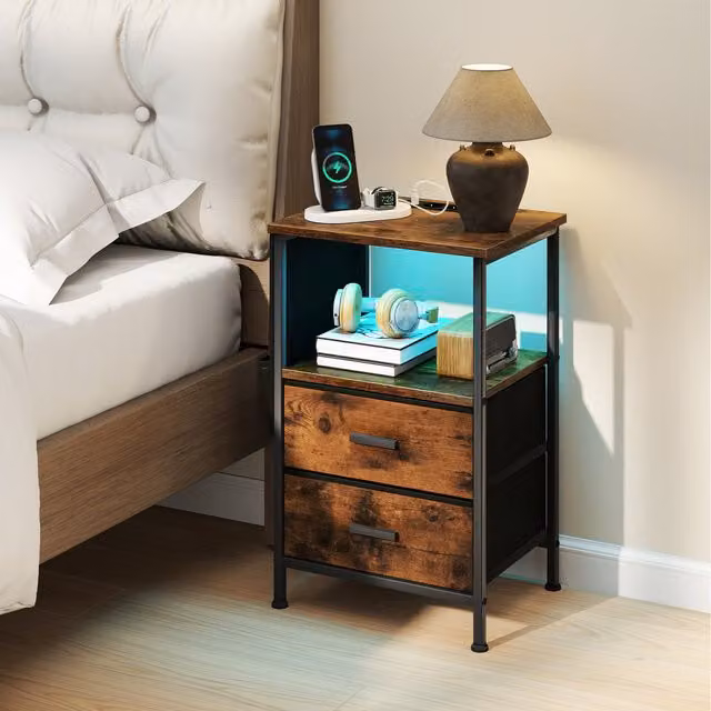 Costway Modern Brown Bedside Nightstand with Integrated Lighting and Media Compartments