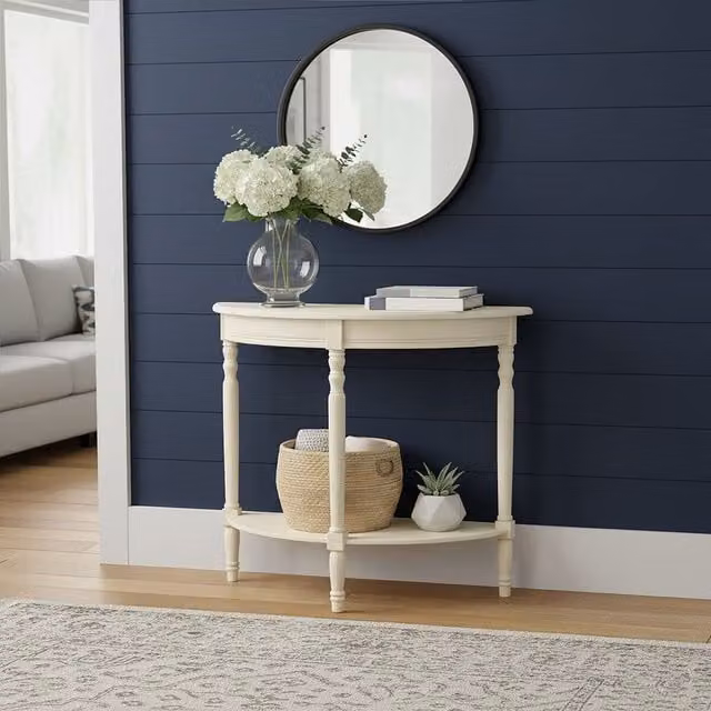 Orsina Rounded Pine Wood Console Table in White, W/D/H: 80 x 30 x 80 cm