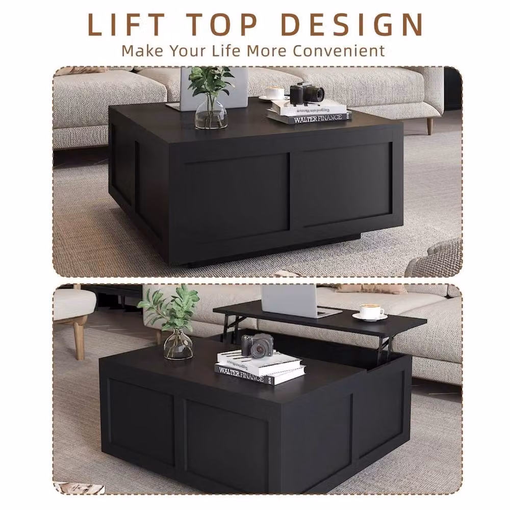 Pawnora Black Modern Lift Top Coffee Table with Large Wood and Glass Storage, W: 100 cm, D: 54 cm, H: 15 cm – 3