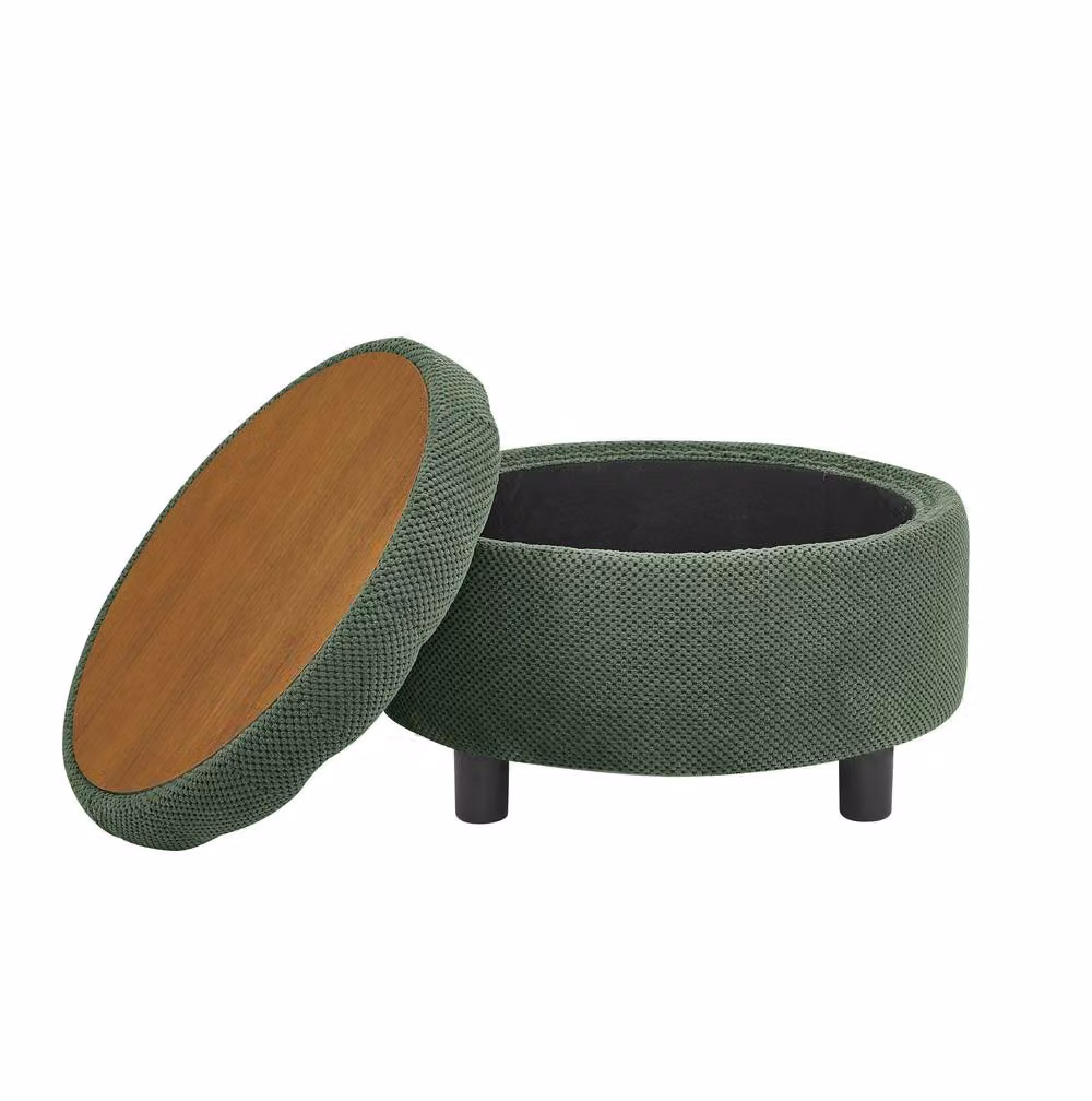 STILVORA Green Upholstered Storage Ottoman with Wooden Tray – 5