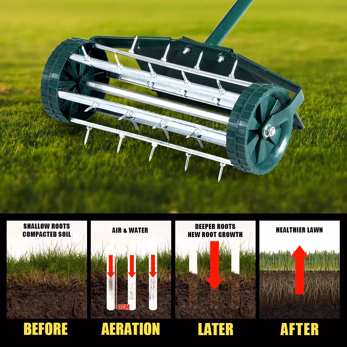 Costway Rolling Garden Lawn Aerator Roller with Rotary Push Tine Spike Tool in Green – 3