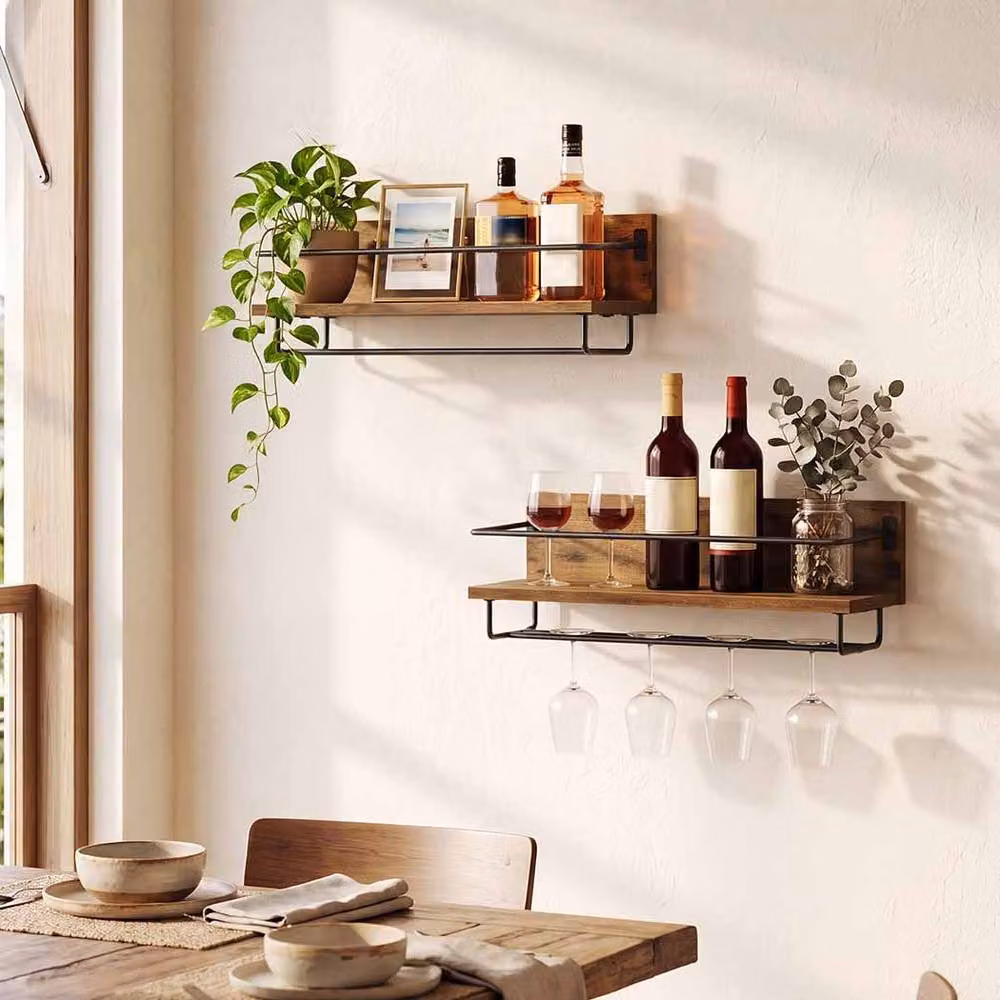 Levede Brown Wall Mounted Floating Wine Rack and Glass Holder with Back Panel – 3