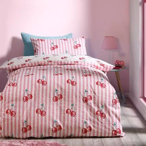 Catherine Lansfield Disco Cherries Stripes Reversible Single Duvet Cover and Pillowcase Set in Pink and White, Duvet Cover: 135 x 200 cm, Pillowcase: 50 x 75 cm