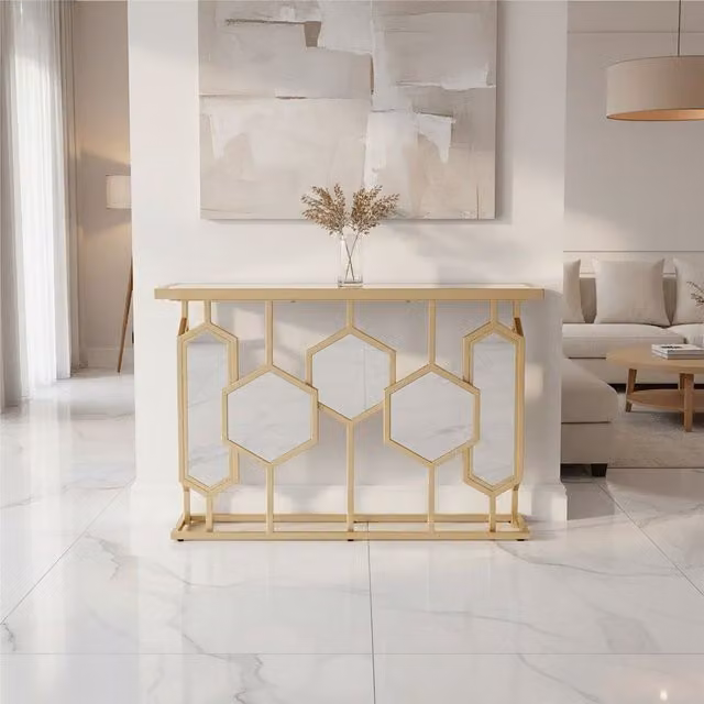 Orsina Geometric Modern Console Table with Hexagonal Mirror Base in Gold, W/D/H: 122 x 46 x 77 cm