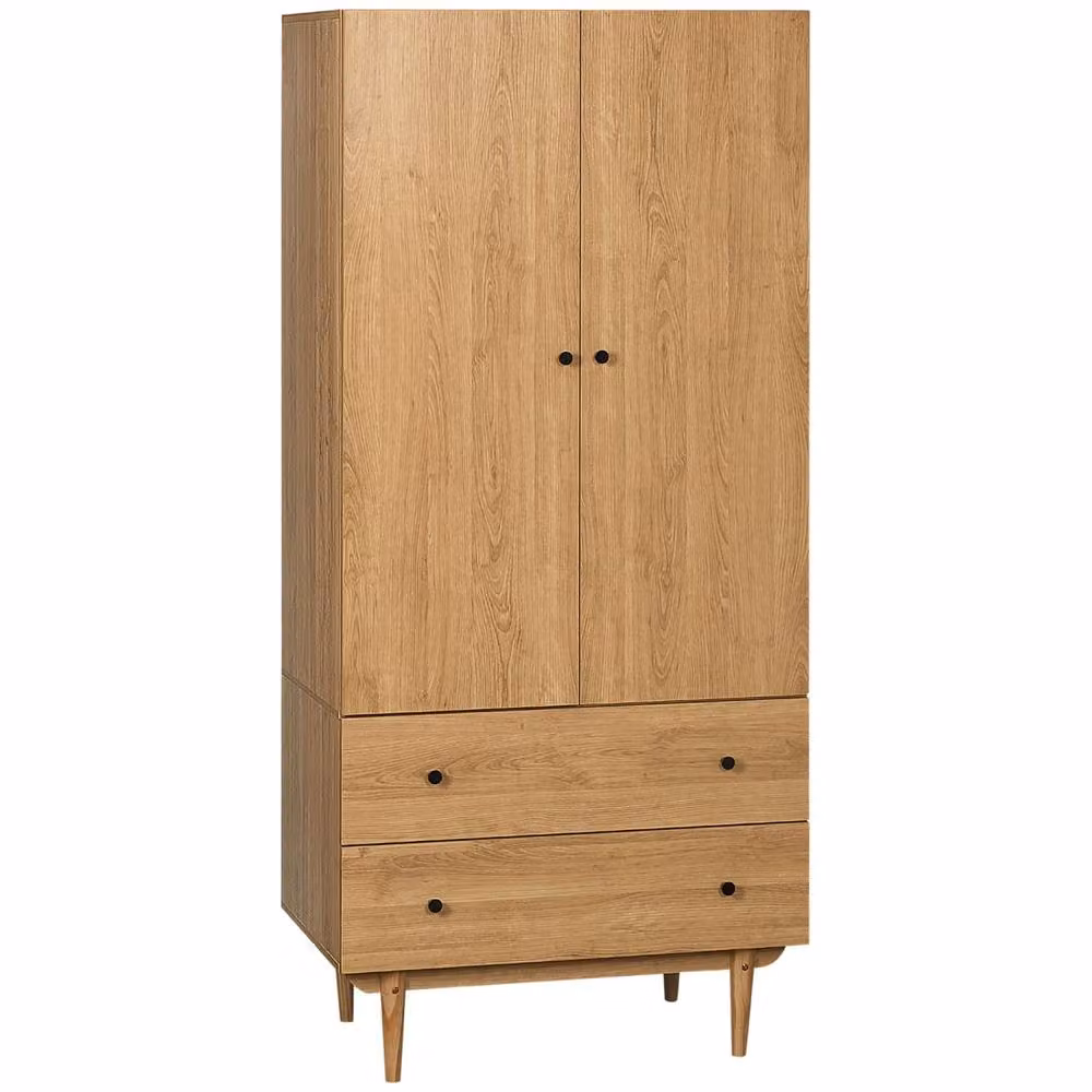 Wyld Haus Coramar Natural Wood 2 Door Wardrobe with Hanging Rail and 2 Internal Drawers, H 180 x W 80 x D 52 cm – 2