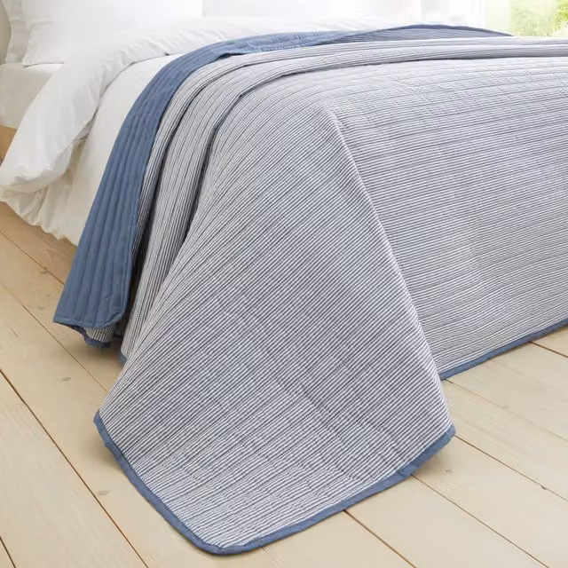 Catherine Lansfield Blue Striped Quilted Reversible Bedspread W/D/H: 220 x 230 cm – 1