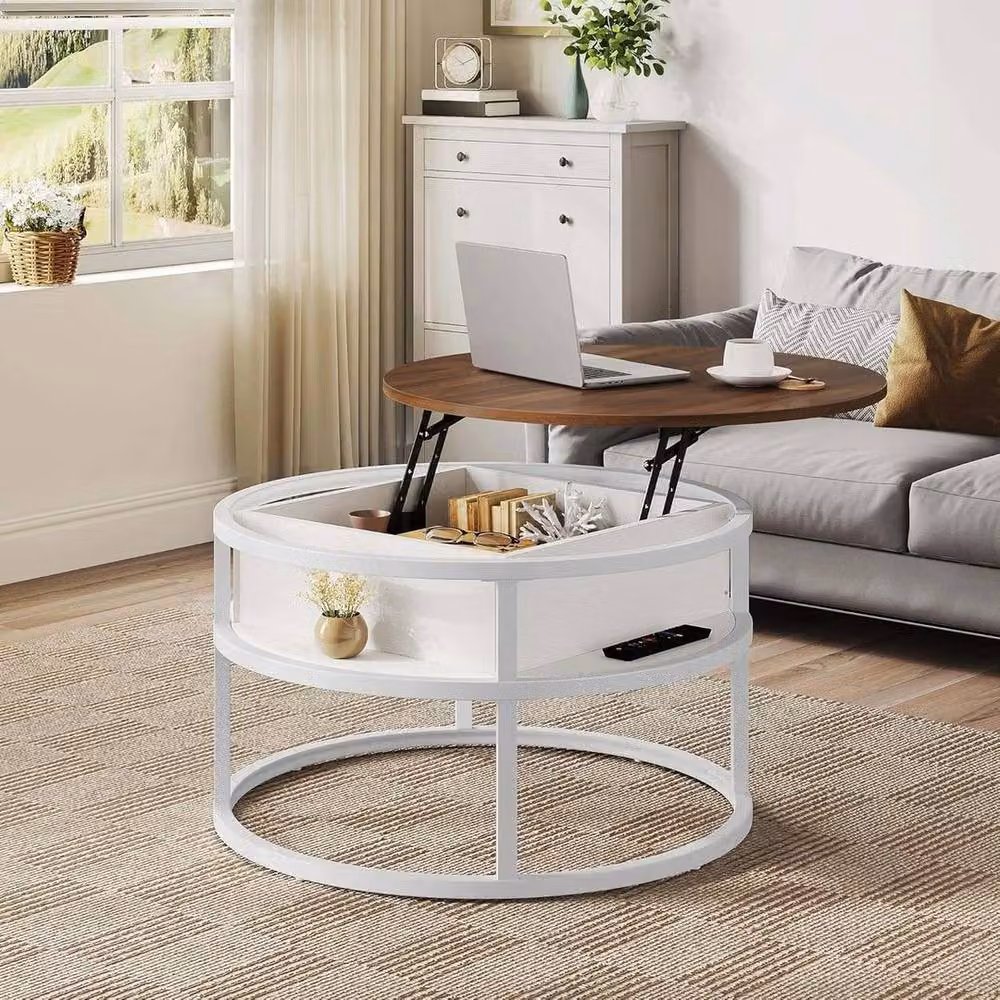 FORGEVIO Round Farmhouse Style Coffee Table in White with Lift Mechanism – 2