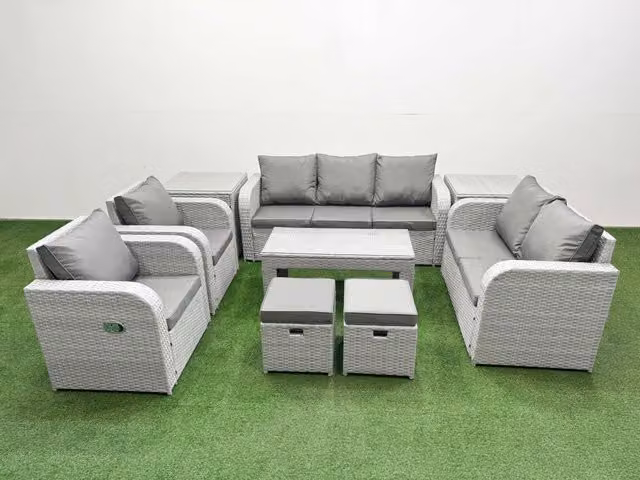 Fimous Grey PE Rattan Garden Furniture Set with 2 Seater Sofa, Coffee Table and Matching Ottoman