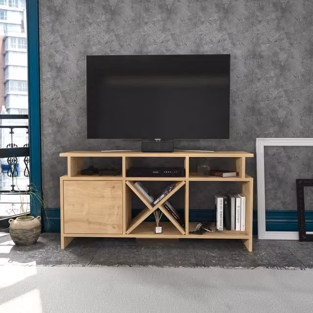 Decorotika Auburn Modern Geometric TV Unit in Brown Wood, W: 120 cm