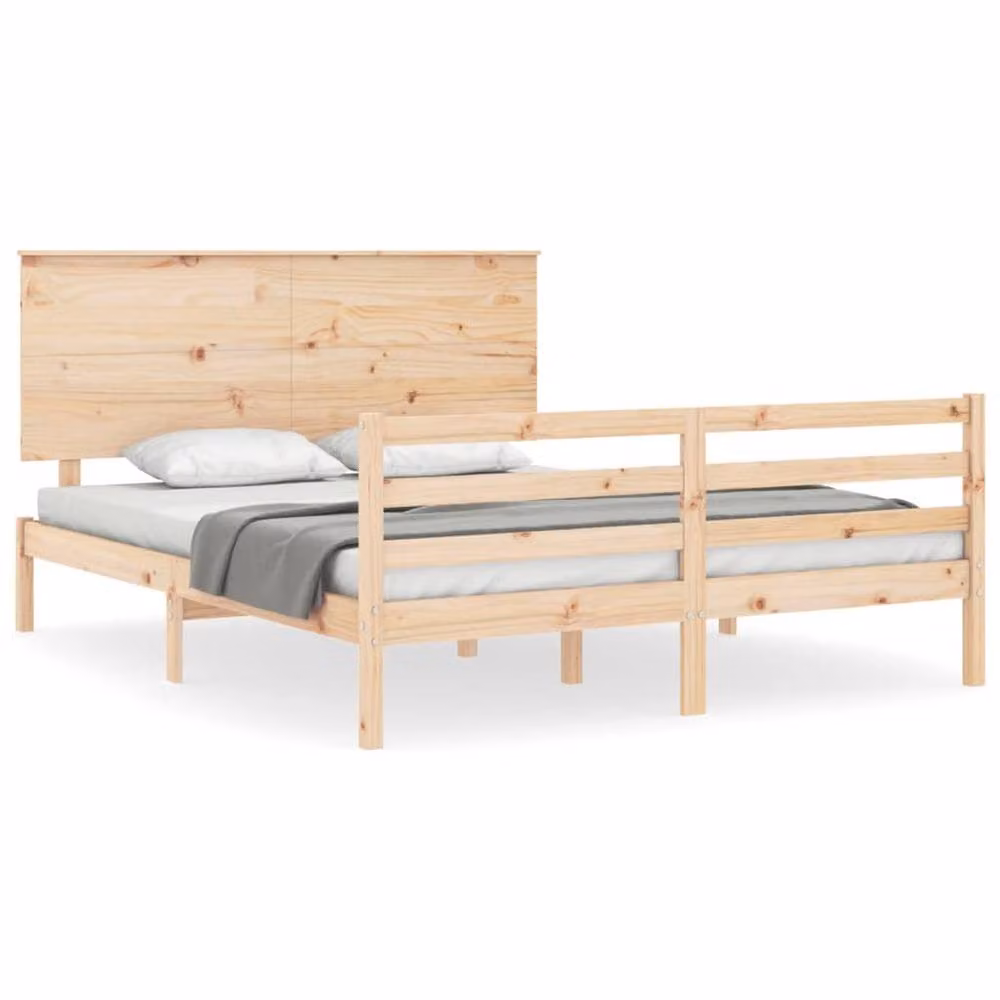 Berkfield Home Beautiful Solid Wood Bed Frame with Headboard in Beige, W/D/H: 150 x 200 x 82.5 cm – 2