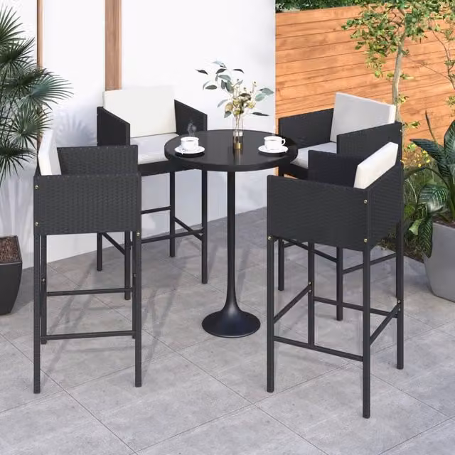 Berkfield Home Set of 4 Modern Black Poly Rattan Garden Bar Stools with Cushions and Steel Frames