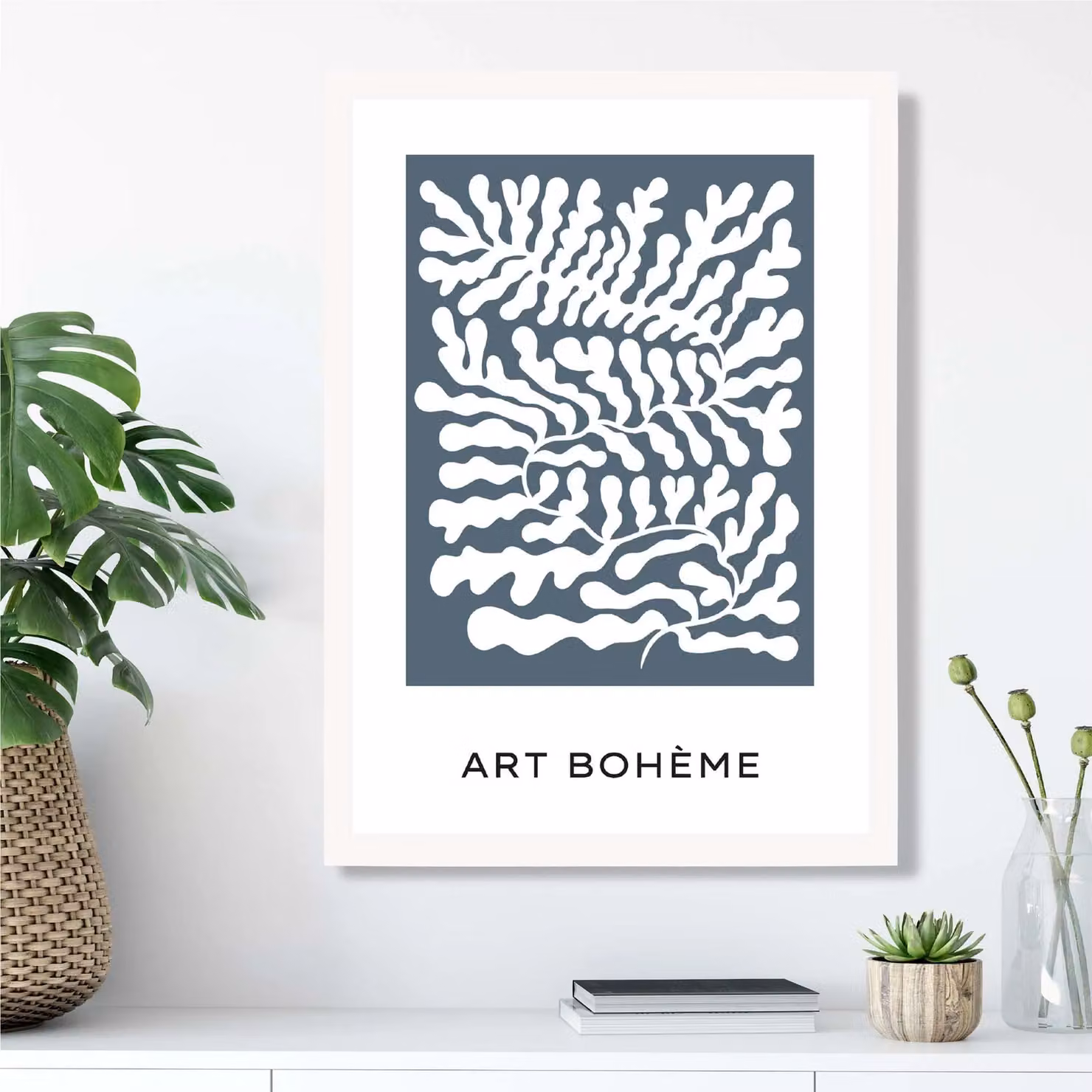 ARTZE Matisse Style Floral Cutout Framed Print in Blue and White, A2 Size – 2