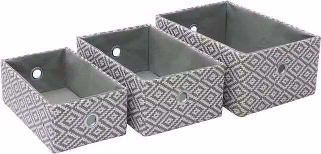 JVL Argyle Set of 3 Rectangular Storage Baskets with Handles in Grey